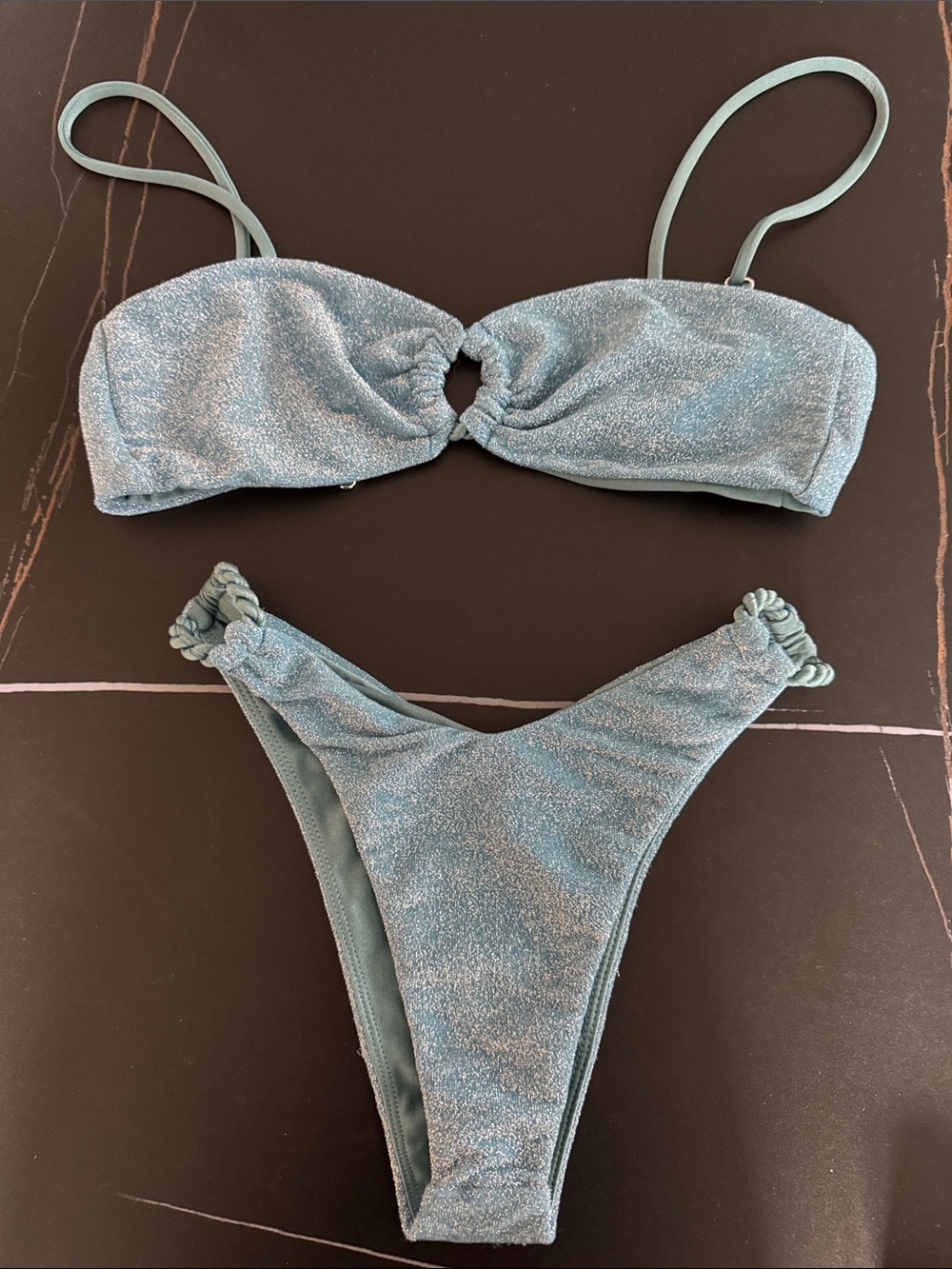 Camila Coelho Shimmery Seafoam Bandeau Bikini with Braided Sides